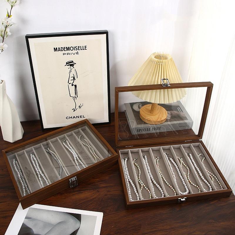Black Walnut Wood Jewelry Storage Box with Transparent Lid for Pearl Necklaces Collar Chain Accessories Collectible