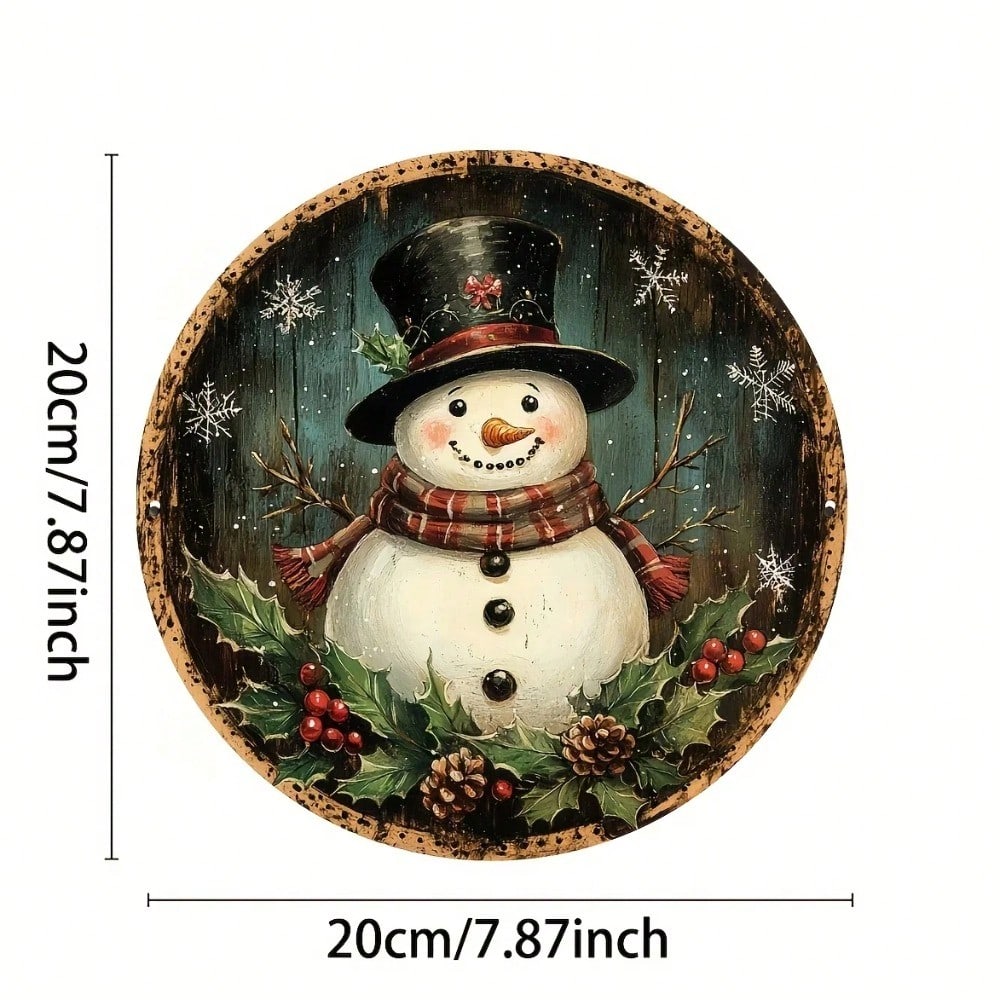 Metal Tin Sign Santa Snowman Wreath 8x8 Inch Vintage Round Plaque Wall Art Christmas Home Decor Farmhouse