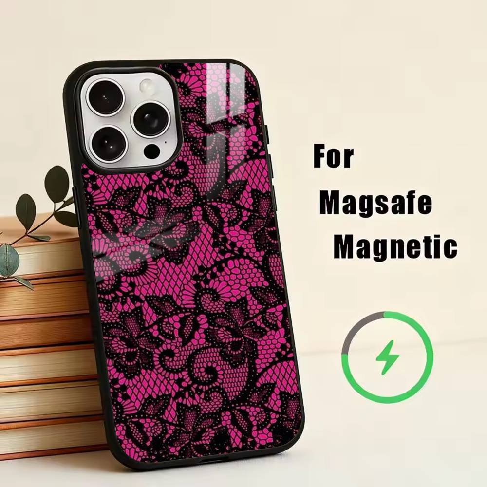 Elegant black lace print design Phone Case For iPhone17,16,15,14,13,12,11 Plus,Pro Magnetic For Magsafe Wireless Charging