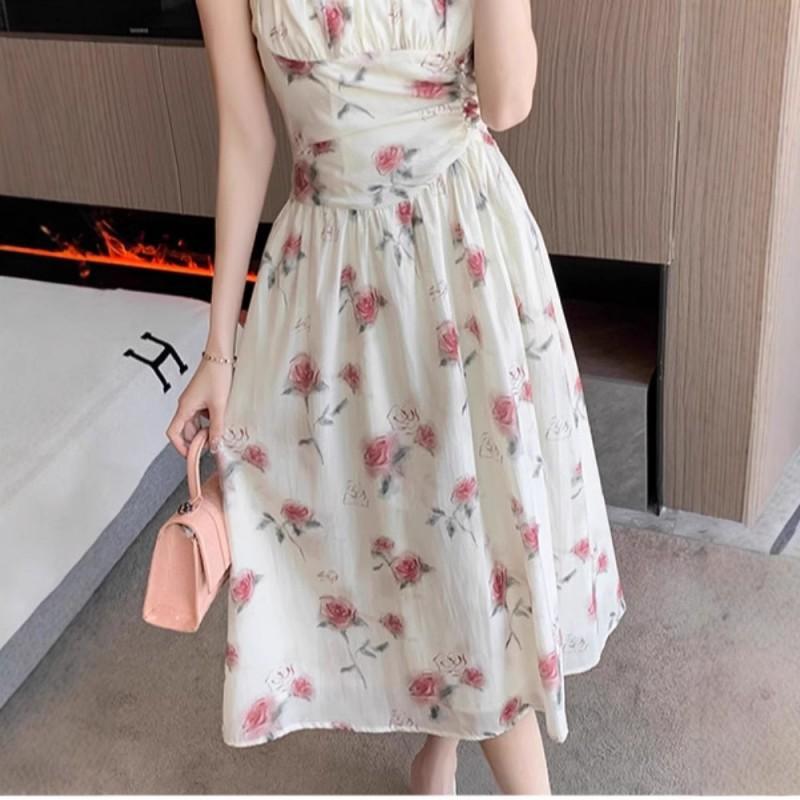 Romantic Coffee Break Dress Suspender Rose French Waist Floral Seaside Vacation Fairy Trendy