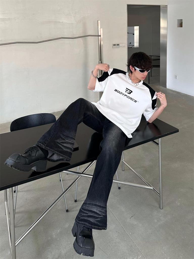 Unisex Color Block Shoulder Pad T-Shirt - Men's Casual Summer Loose Short Sleeve Top