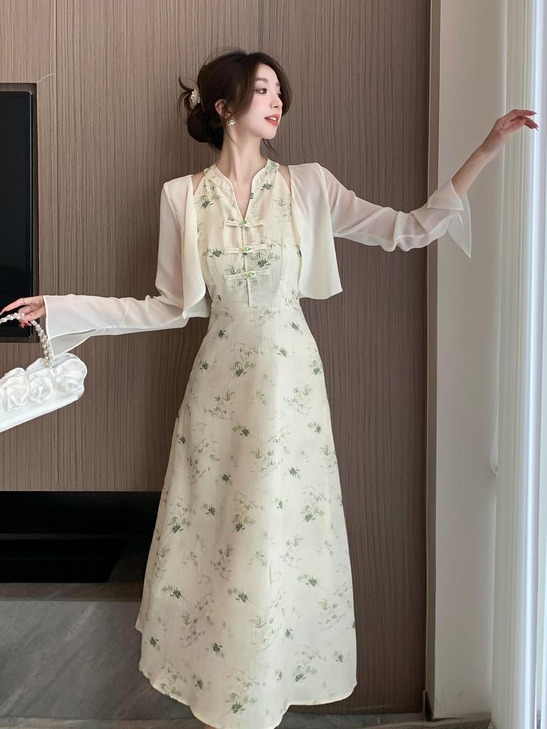 Elegant Chinese-Style Spring Mesh Sunscreen Cardigan Vest Dress