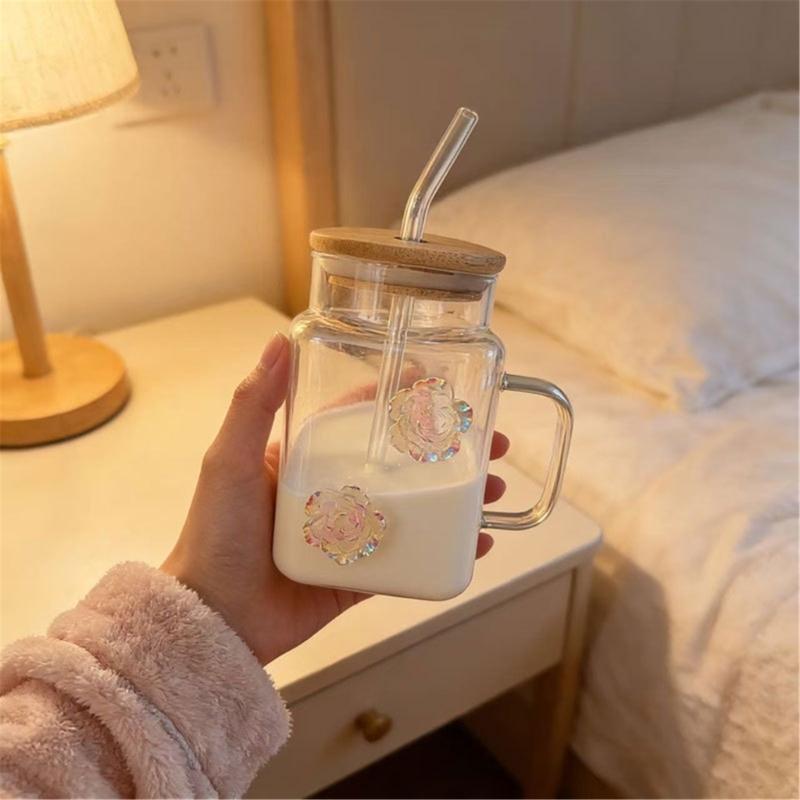 Premium Glass Tumblers With Ergonomic Handle And Straw Wooden Lid For Hot and Cold Drink Juice Coffee Tea Drinking Mug