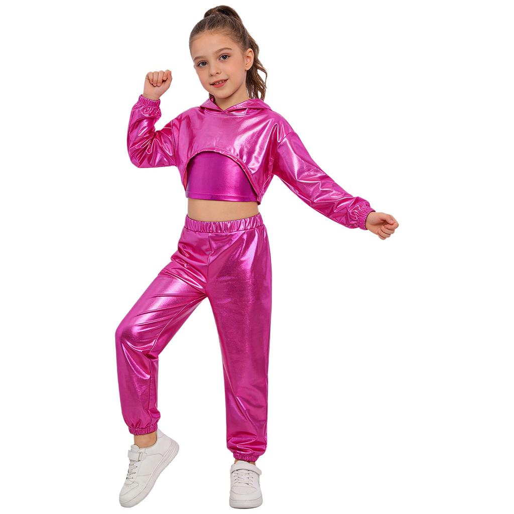 Mädchen Langarm-Hoodie mit asymmetrischem Saum, Metallic-Schnitt, Hip-Hop-Jazz-Set, Spaghettiträger-Top und glänzender Hose