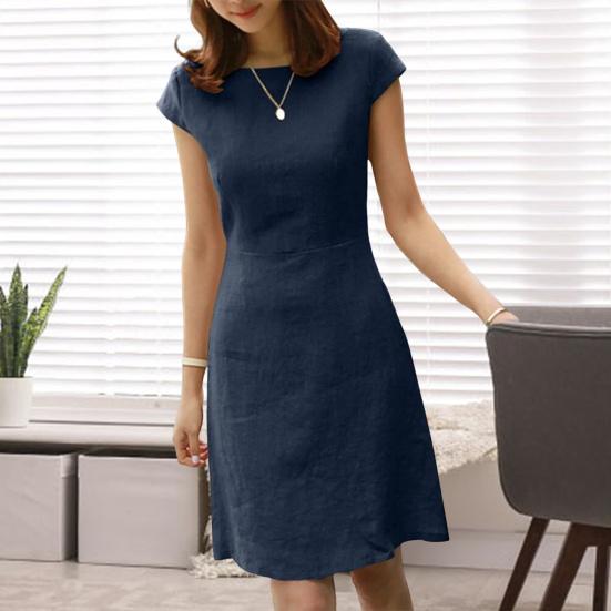 Women Summer Dress Round Neck Short Sleeve Pure Color V-shaped Back Zipper A-line Slim Fit Above Knee Length Daily Commute Mini Dress