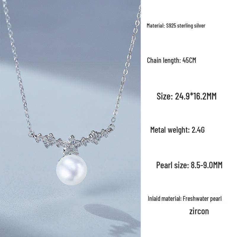 Japanese-Korean Freshwater Pearl  Cherry Blossom Necklace, S925 Sterling Silver with Diamonds - Spring Sweet Jewelry 925 Sterling Silver
