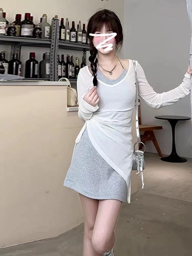 

Grey neck sling dress children s summer new early autumn small man a word hip skirt set Suggestion 40-47.5kg