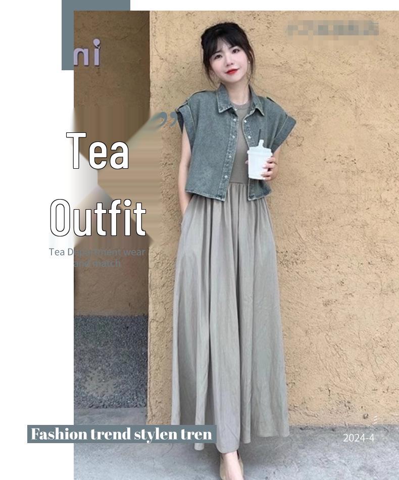 Tea-Toned Summer Chic: Salt-Style Denim Jacket & Dress Set - Trendy, Youthful, and Elegant.