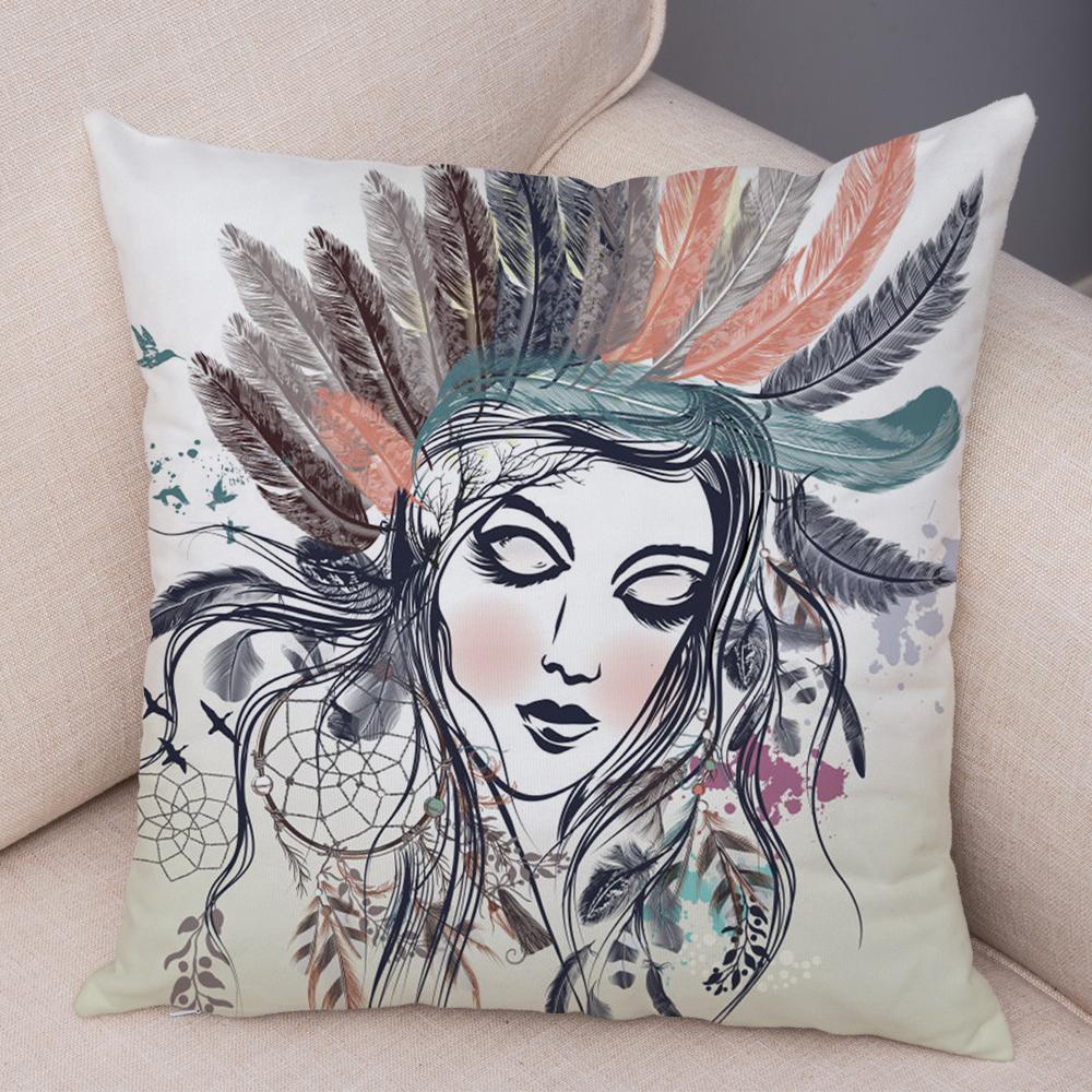 Boho Woman Art Pillowcase Double Print Fashion Lady Cushion Cover Soft Plush Portrait Pillowcase Bedroom Decor