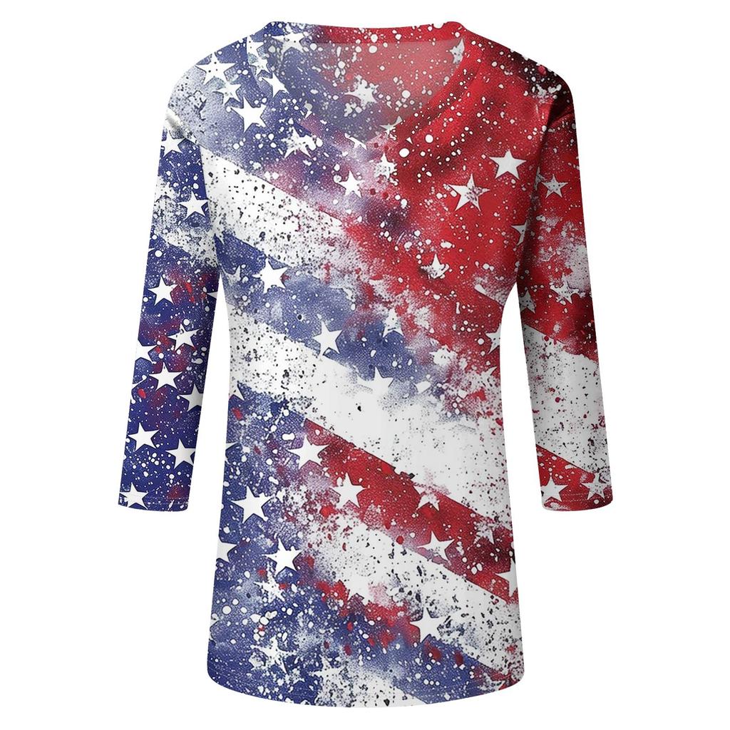 Women's Tops Three-quarter Sleeve Shirt V-neck Loose Casual Shirt Print T-shirt