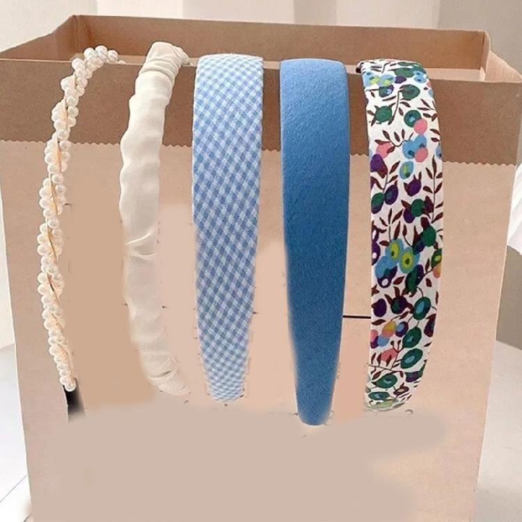 5PCS Blue Tone Stylish Hairbands Pearls Embellished Design Stretchable Fabric For Long Wear