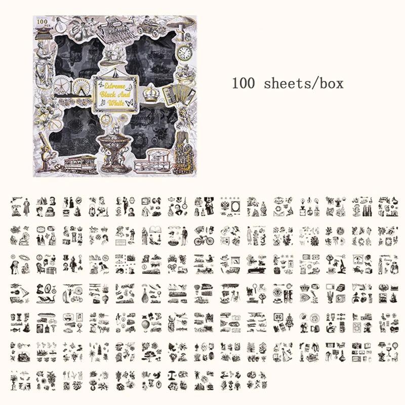 100 Pieces box Cute Cartoon Retro Gift Box Sticker Set Childrens DIY Handmade Manual Account Decoration Scrapbook Creative Adhesive Material Stickers