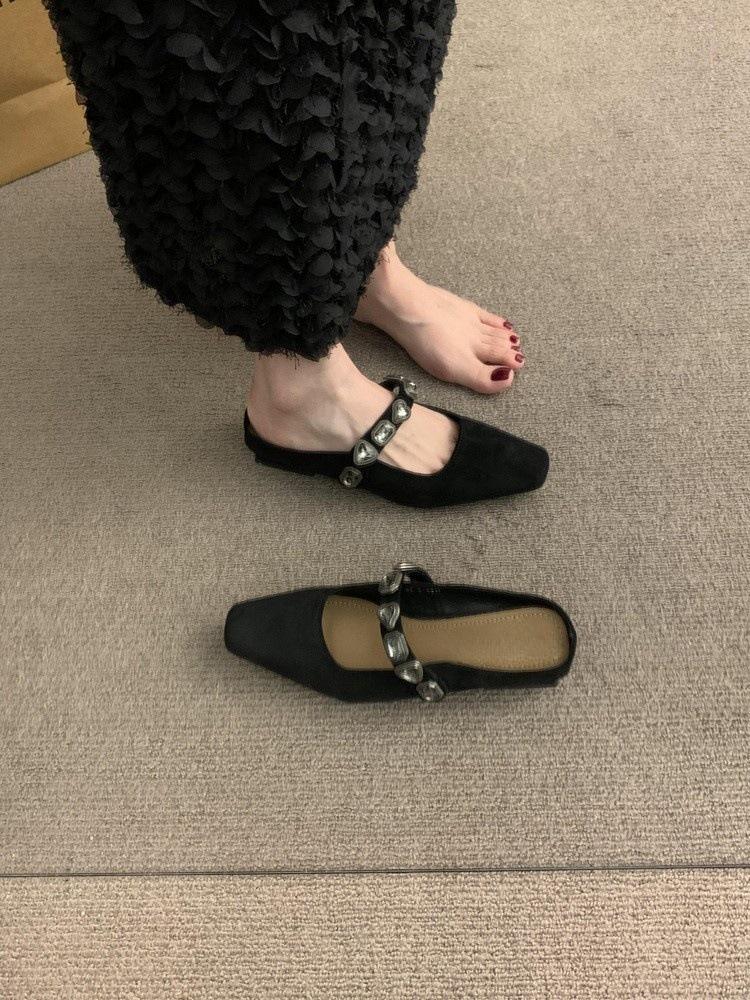 

Niche design half slippers 2025 new French temperament elegant rhinestone square head one pedal muller shoes 35