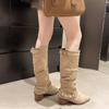 Fashion Knee High Boots Female Autumn Casual Slip on Women Shoes Square Mid Heels Solid Flock Square Buckle Motorcycle Boots