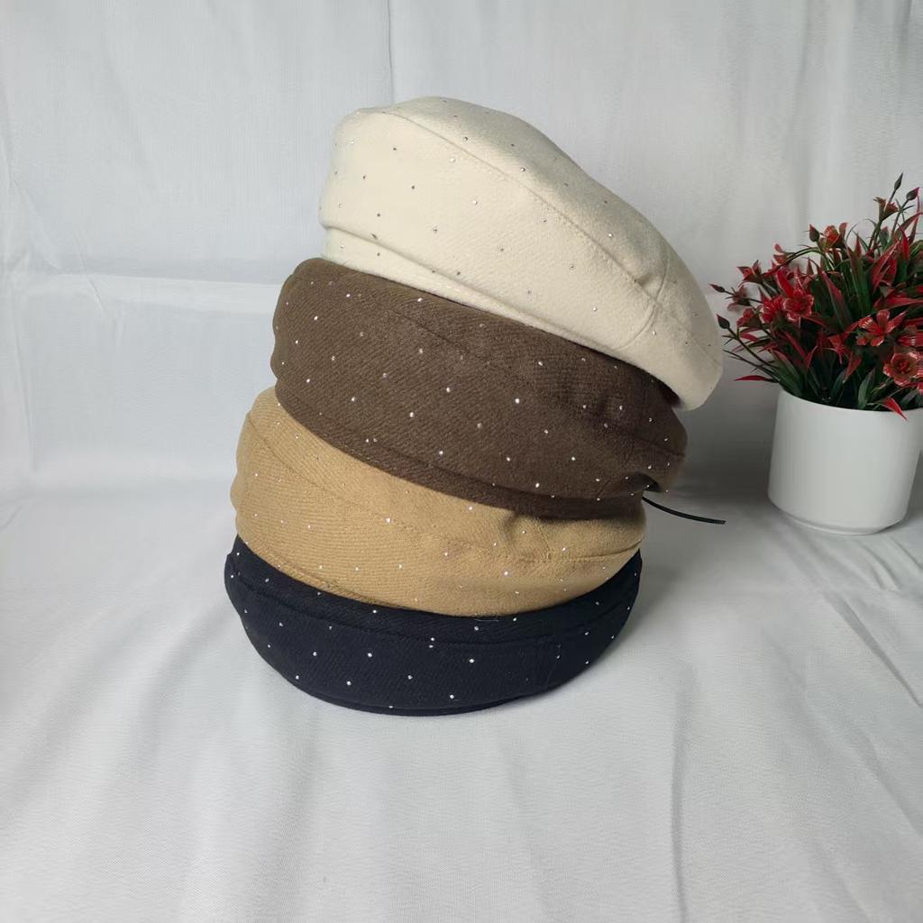 New Beret with Diamonds Female Sweet Temperament Painter's Hat Spring and Autumn Thin Face Small Beret Advanced Sense