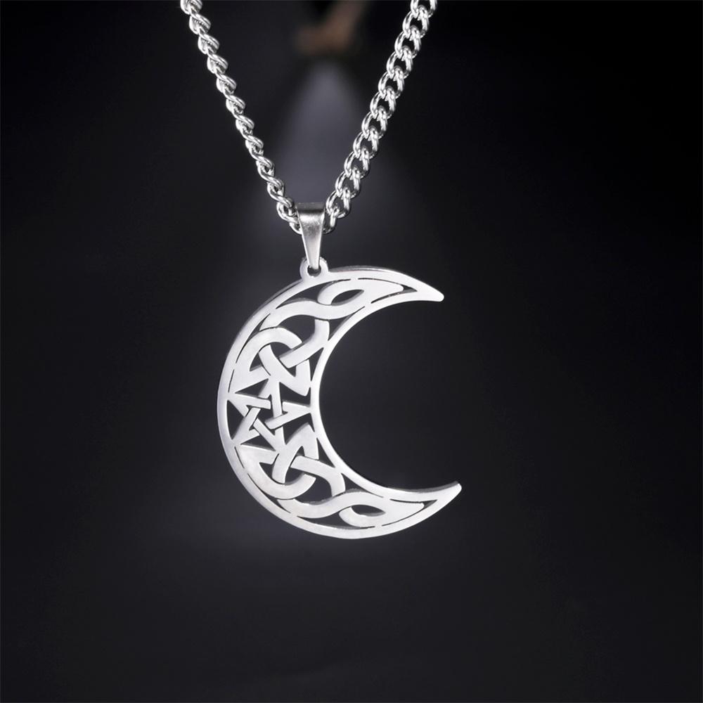 Viking Celtics Crescent Moon Pendant Necklace for Men Women Stainless Steel Gothic Jewelry Wicca Amulet Gift