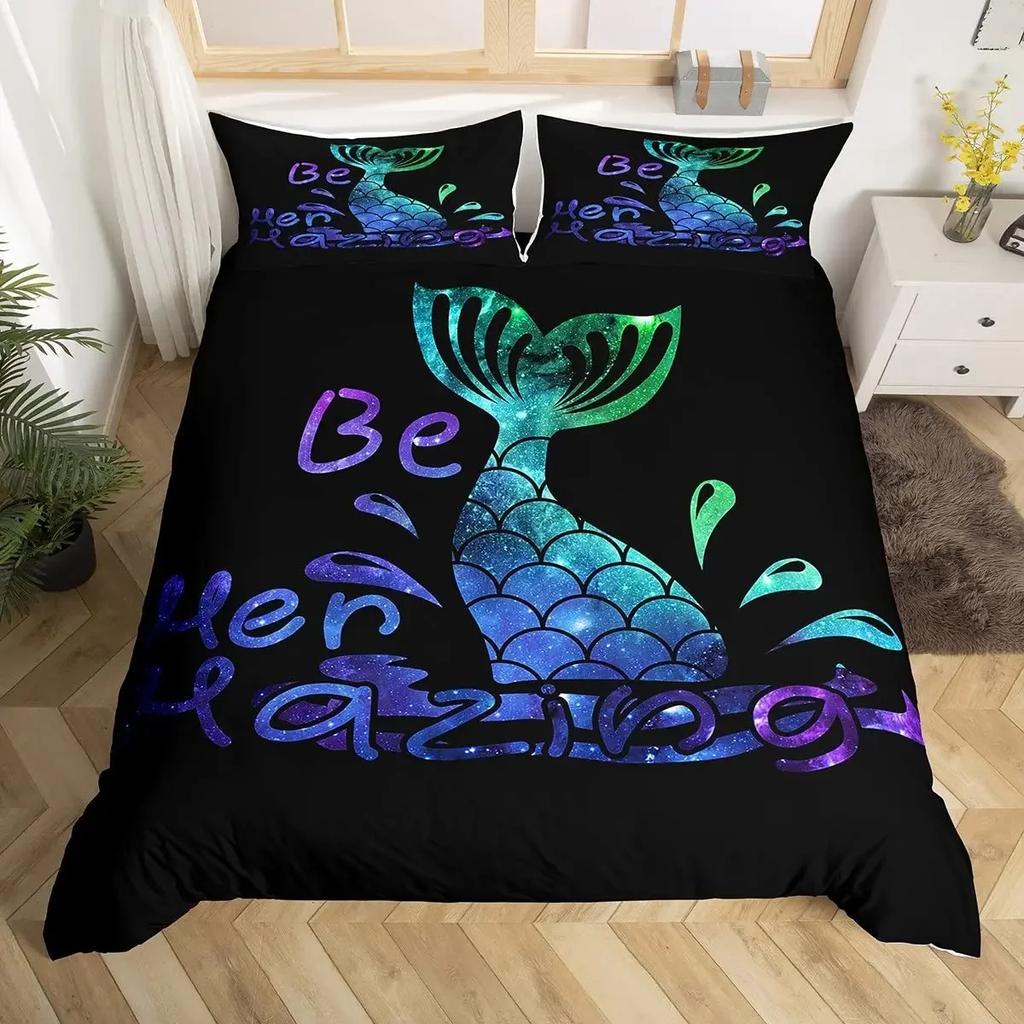 Copripiumino Coda di Sirena Misura KingQueen, Coda di Pesce Stella Marina Conchiglia Tema Animale Marino Poliestere Copripiumino per Bambini Ragazze