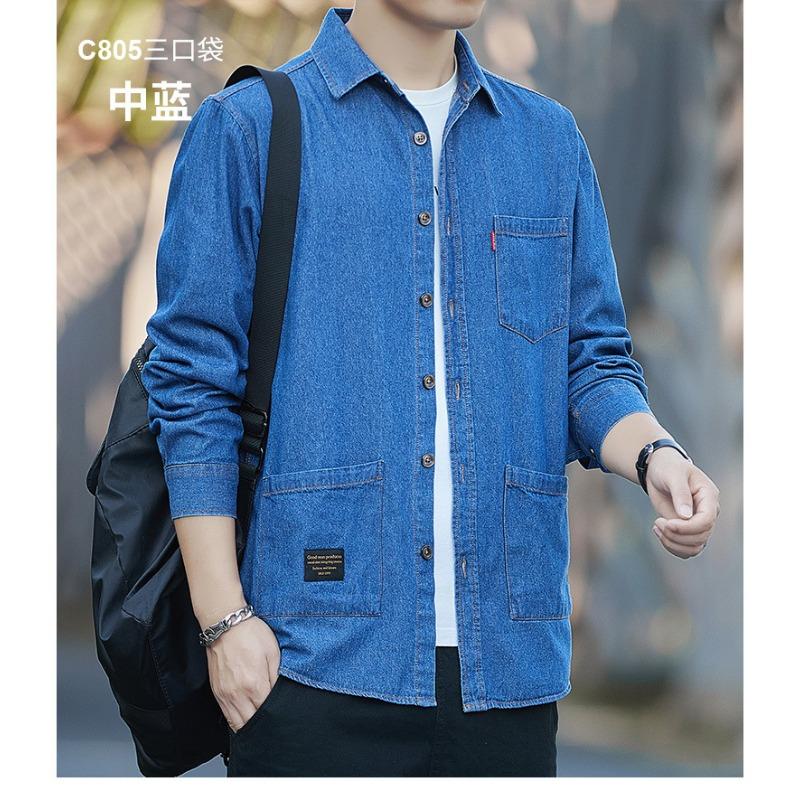 Mens 100 Cotton Denim Long Sleeve Casual Work Shirt Multiple Pockets
