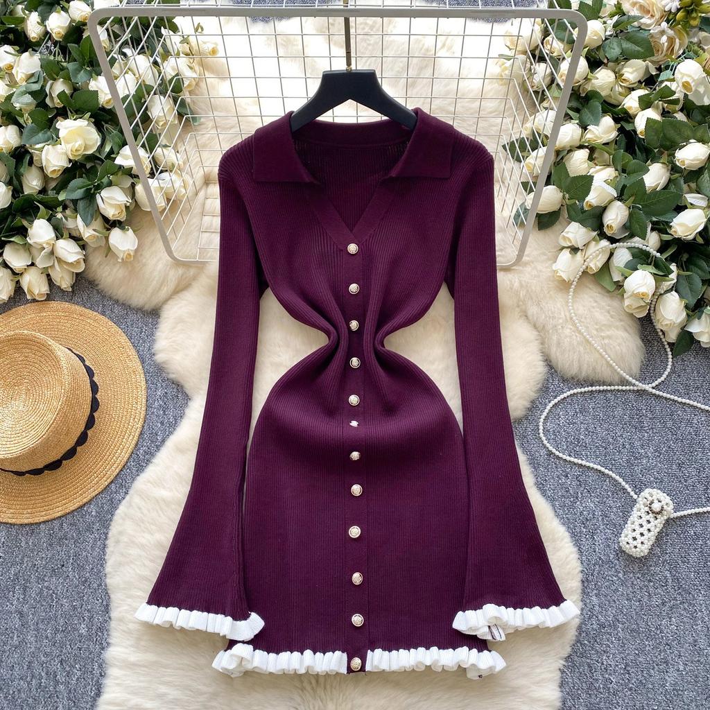 Elegant Knitted Dress for Women Autumn New Ruffle Edge V-neck Slim Long Sleeve Mid Length Ladies Evening Dresses Knitted Sweater
