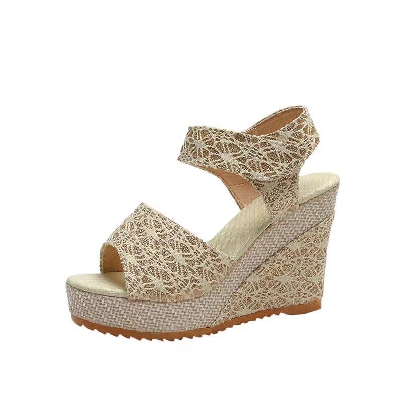 20 summer new wedge heel fish mouth sandals women's casual muffin thick-soled high-heeled Velcro women's shoes