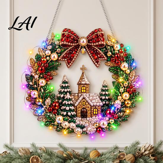 DIY Home Holiday Decor Acrylic Christmas Hanging Kit Art Faux Pearl Lighted Wreath 3D Beaded Craft Sparkling Gemstone Set Kit with LED String Light