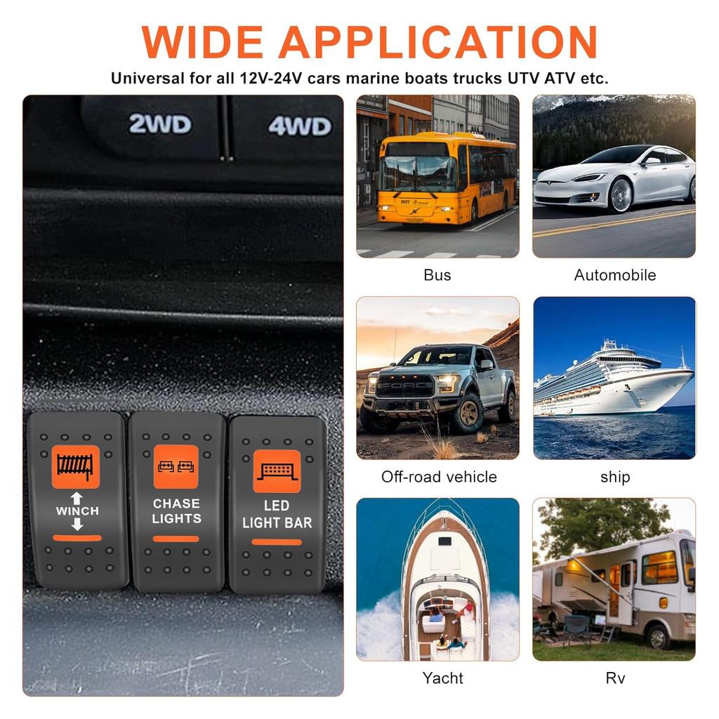 LED Light Bar Waterproof Rocker Switch Toggle On-Off 12V 24V 5Pin SPST Orange Backlit, with Jumper Wires Set Compatible for Polaris RZR Can-Am Car