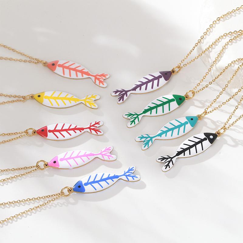 Cute Colorful Enamel Fish Pendant Necklaces For Women Girls Lovely Stainless Steel Gold Color Summer Waterproof Beach Jewelry
