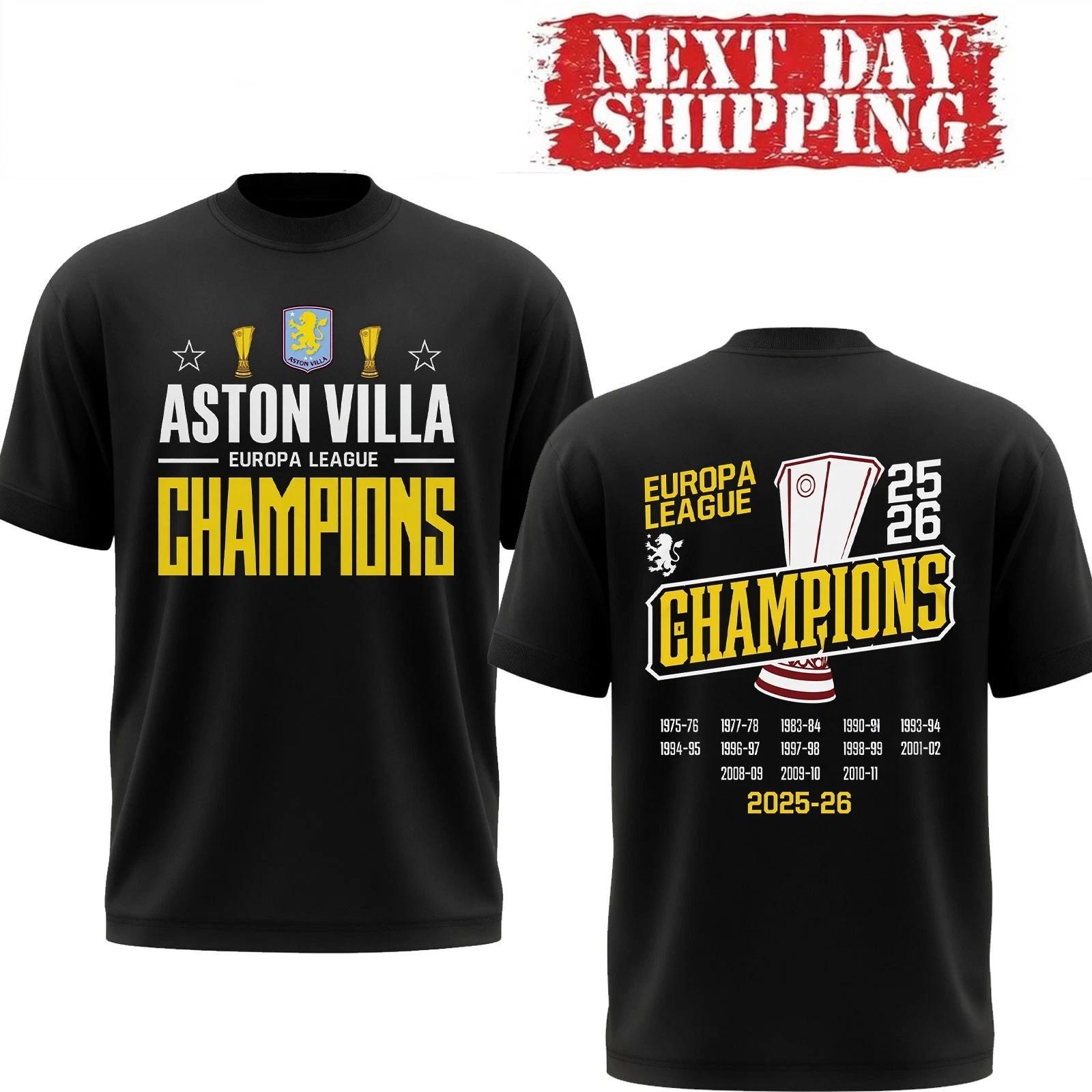Aston Villa Europa League Champions 2025-26 T-Shirt Both Side Gift For Fans XL