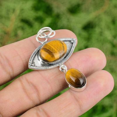 Natural Tigers Eye 925 Sterling Silver Sacral Chakra Sister Bezel Boho Pendant