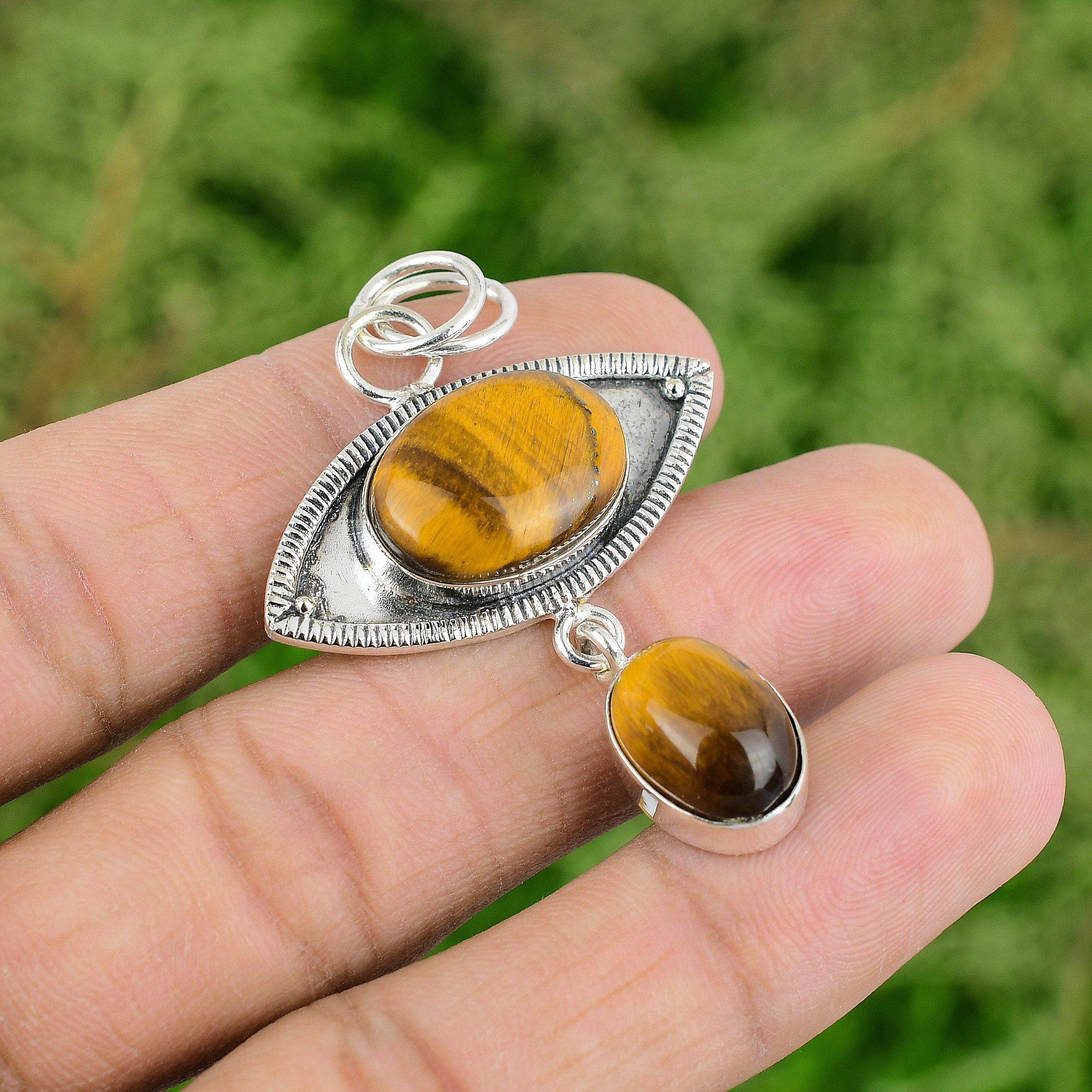 

Natural Tigers Eye 925 Sterling Silver Sacral Chakra Sister Bezel Boho Pendant