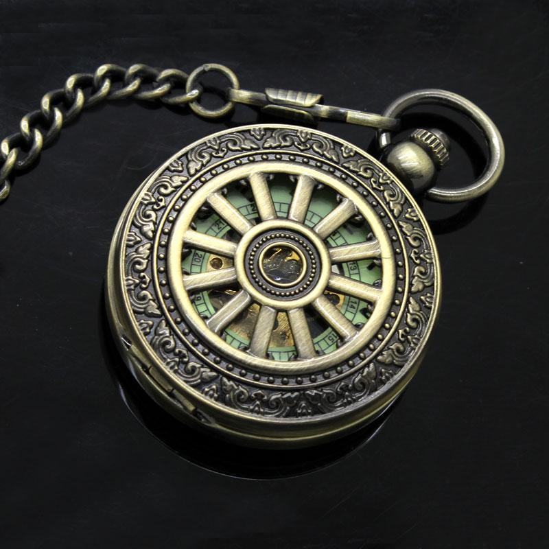 Luxury Luminous Mechanical Pocket Watch Bronze Hollow Wheel Hand-Winding Steampunk Pocket Hanging Chain Antique Watch Best Gifts