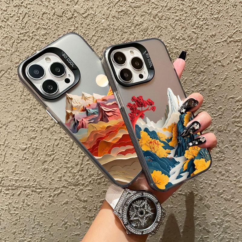Mountains and Rivers Laser Phone Case For IPhone 14 15 Pro Max Plus 11 12 13 Mini Pro Max 16 Pro Max Shockproof Back Cover Funda