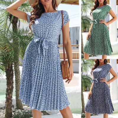Women's Fashion Casual Short Sleeve Floral  Round Neck Dress Pleated Skirt