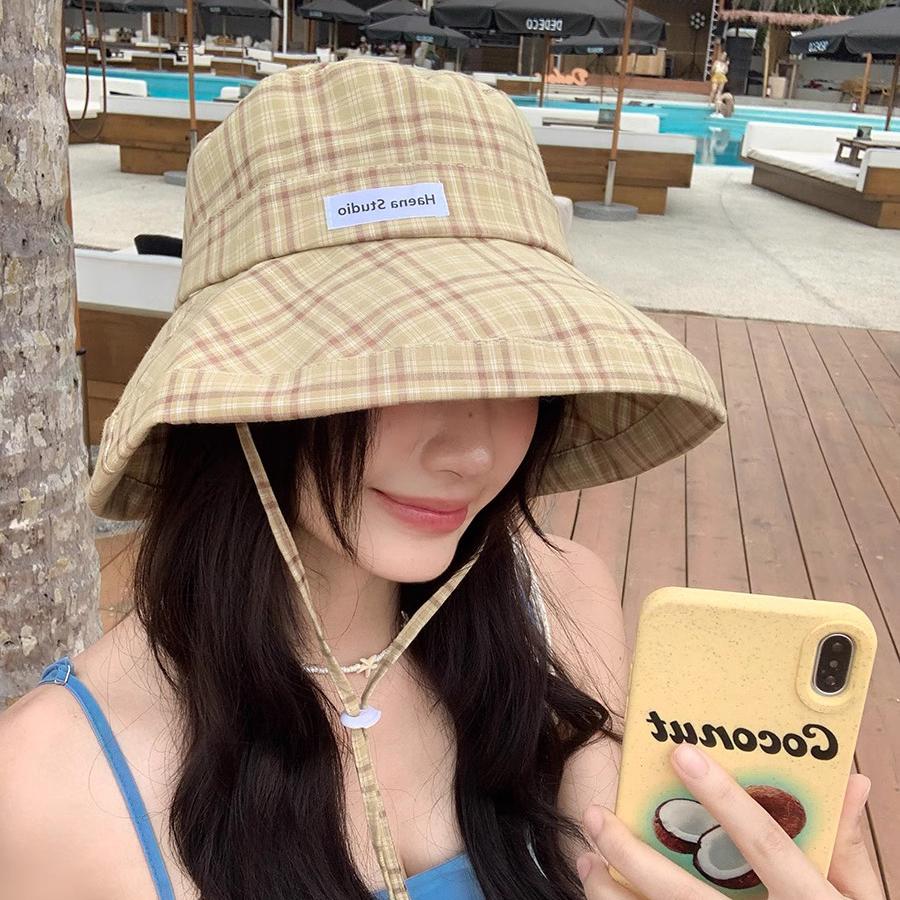 Plaid Bucket Hat Women's Summer Outdoor Sun Hat Sun Protection UV Protection Hat Showing Washbasin Hat