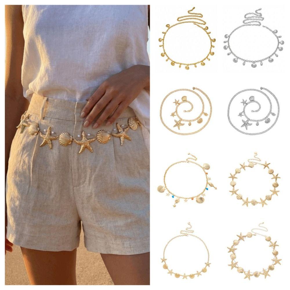 Multi-pendant Starfish Waist Chain Shell Beads Belly Chain Imitation Pearl Body Chain  Ladies