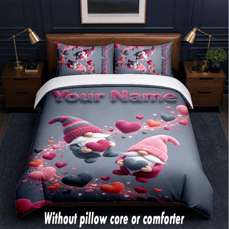 Set Biancheria da Letto a Tema Gnomo con Testo o Nome Personalizzato, 3 Pezzi, 1 Lenzuolo Sotto con Angoli & 2 Federe, Biancheria da Letto Personalizzata per la Casa