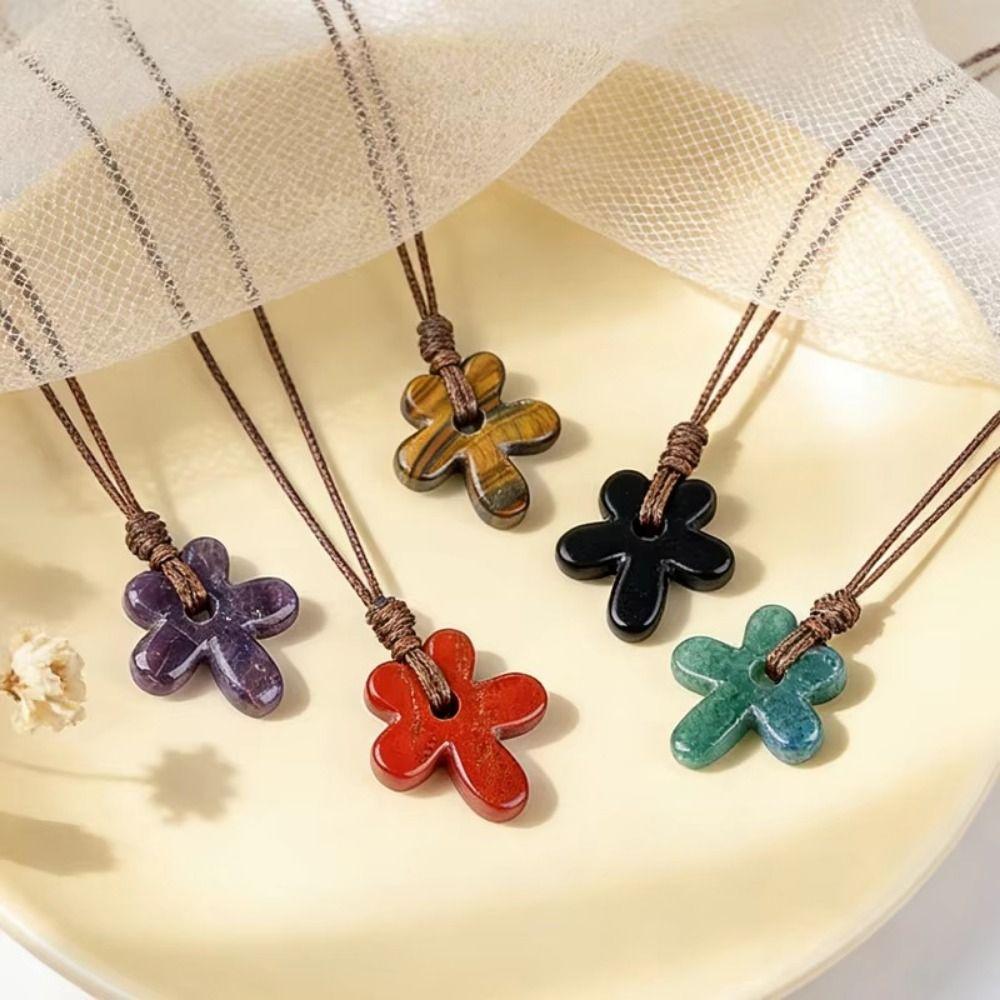 Semi-Precious Agates/Amethyst Necklace Five-Petal Pendant Necklace  Birthday Gifts