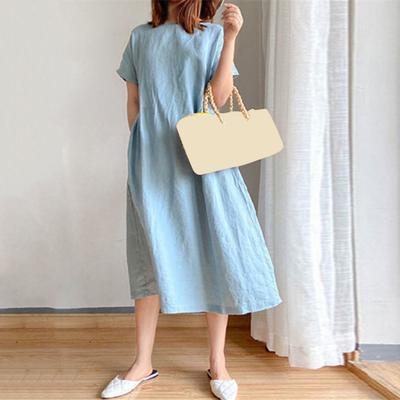 Women's Loose Cotton Dress Summer Casual Plus Size Midi Dress Crew Neck Short Sleeve Pleated Swing Dress with Pockets