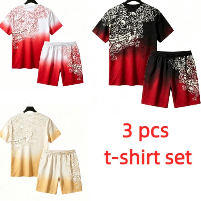 Summer European and American Street Kids Short Sleeved T-shirt Shorts Set 3D Letter Skull Print Boy's and Girl's Loose Casual Sports Suit