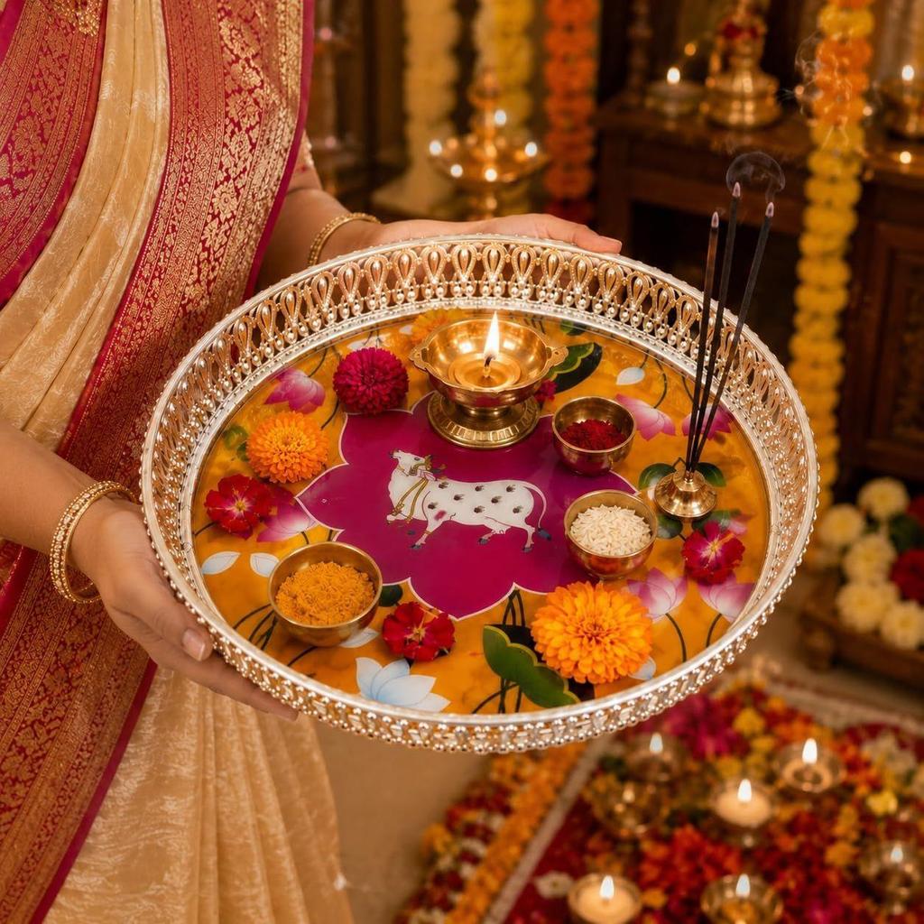Handcrafted German Silver Pichwai Cow Design Tray 8 Inch | Round Pooja Thali | Decorative Serving Tray