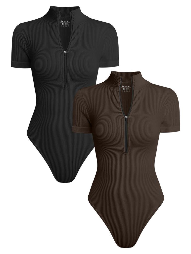 Dámský Sexy Žebrovaný Jednodílný Krátký Rukáv s Předním Zipem a Tanga Bodystocking