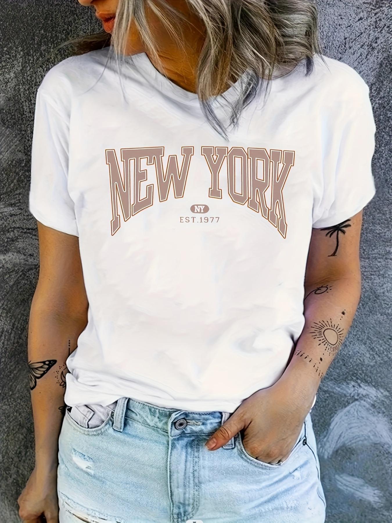 

Summer New York Letter Printed Cotton Tshirt Y2K Womens Daily Loose Top Casual Plus Round Neck Short Sleeved Tshirt S
