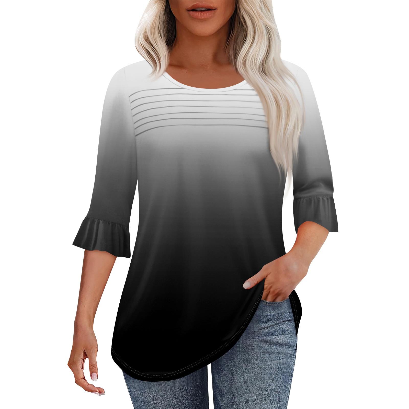 

Женская мода круглый вырез шея плиссированный спереди напечатанные точки расклешенный топ рукав 3/4 L чёрный