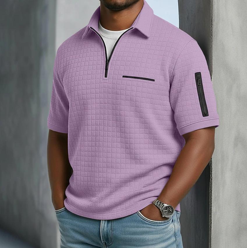 Men's Slim Fit Plaid Short Sleeve Shirt Zipper Front Casual Top with Decorative Arm Zip Pockets
