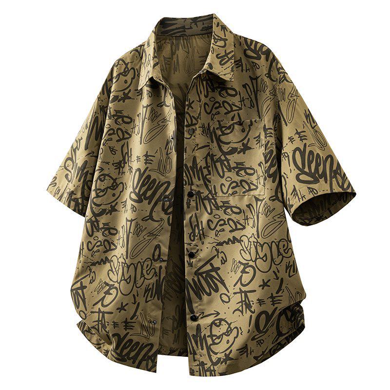 M-8XL Trendy Japanese Style Plus Size Graffiti Lapel Men s Casual Loose Shirt 3XL кофейный