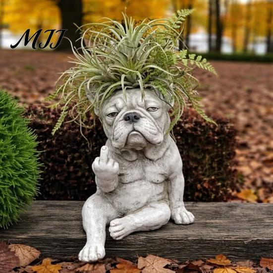 Small Plant Pot Bulldog Dog Planter Funny Middle Finger Resin Flower Cute Whimsical Container Animal Shaped for Home Office Desk Garden Decor