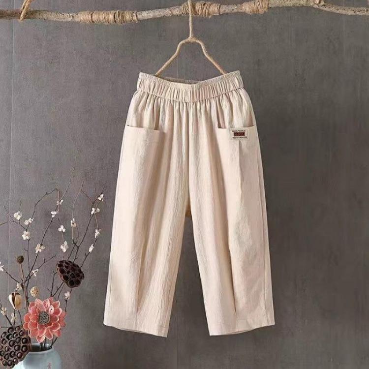 Women's Casual Summer Cotton Hemp Cropped Pants Wide Leg Mid Rise Elastic Waistband Solid Color Comfortable Trendy