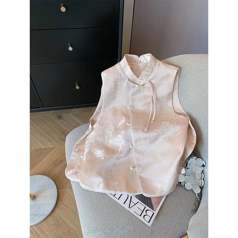 Vest satin jacquard vest women's early spring high-end sense antique style disc-buckled fringed vest sleeveless women's top