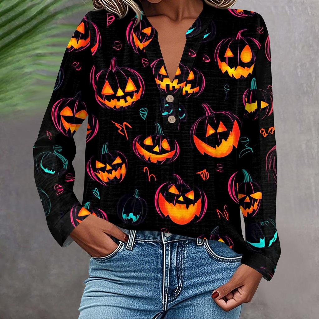 Dame Moteabel Og Casual Skjorte Langermet V-hals Knapp Trykt Bluse Topp