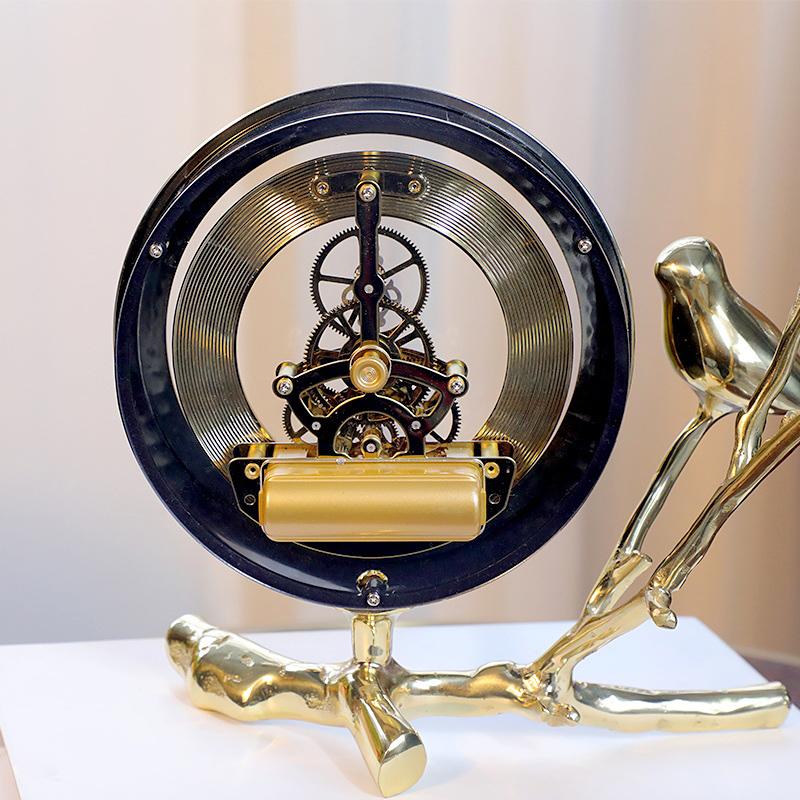 Luxury 6inch Gold Table Clock with Bird Design, Vintage Mechanical Skeleton Desk Clock, European Style Metal Art Ornament